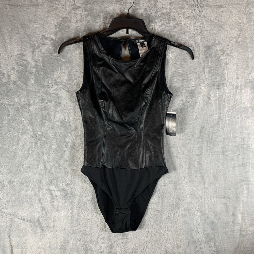INC Women's Bodysuit Small Faux Leather Black Crew Neck Keyhole Back Rockabilly - Picture 1 of 8